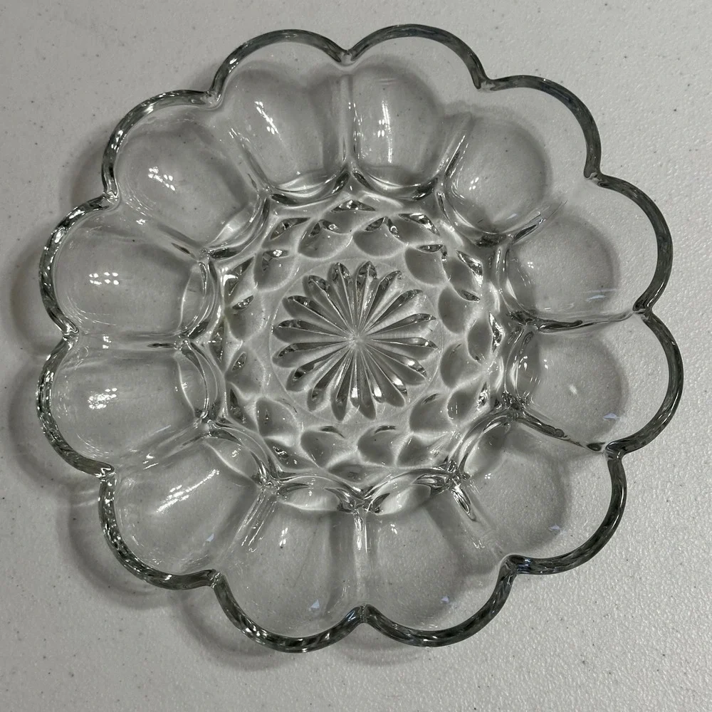 Fairfield Anchor Hocking Scalloped 12 Slot Deviled Egg Platter Clear Glass 10